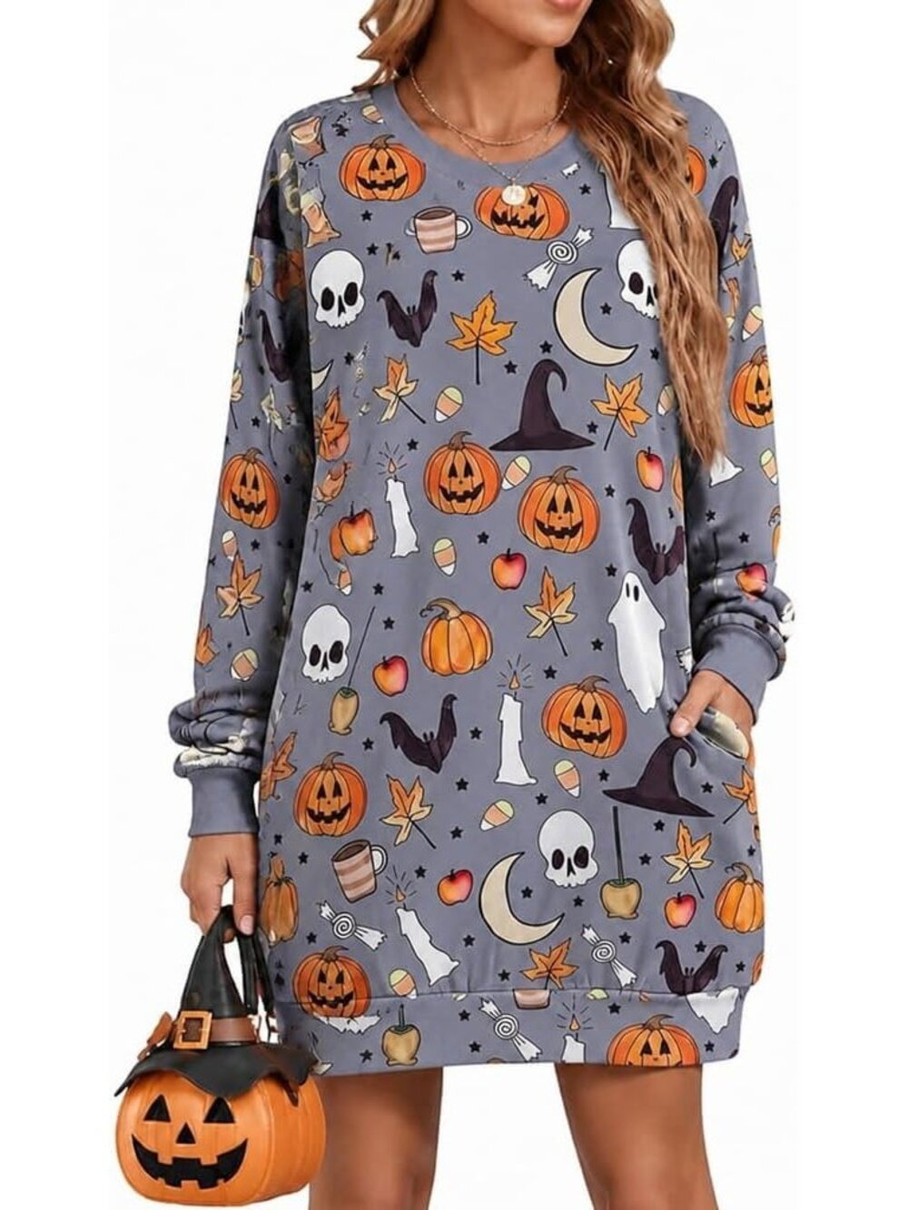 🆕 Women's Halloween Spooky Ghost Pumpkin Skull Sweatshirt Dress Pockets